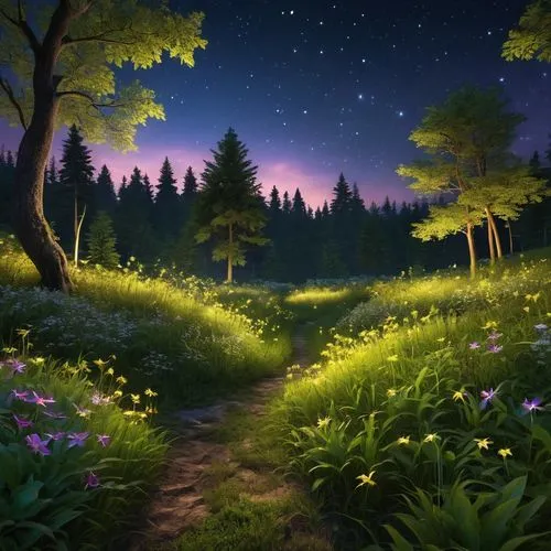 cartoon video game background,fairy forest,fireflies,beautiful wallpaper,nature background,landscape background,forest path,fairytale forest,fairy galaxy,forest background,fantasy landscape,night scene,forest of dreams,elven forest,frog background,forest landscape,full hd wallpaper,nature wallpaper,children's background,forest glade,Photography,General,Realistic