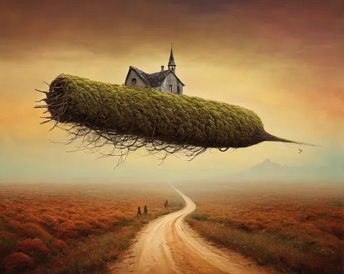 surrealism,isolated tree,home landscape,strange tree,fantasy picture,surrealistic,mushroom landscape,uprooted,tree thoughtless,fantasy landscape,witch's house,tree house,lonely house,photomanipulation,lone tree,photo manipulation,the roots of trees,fantasy art,life after death,dead tree,Photography,Documentary Photography,Documentary Photography 32