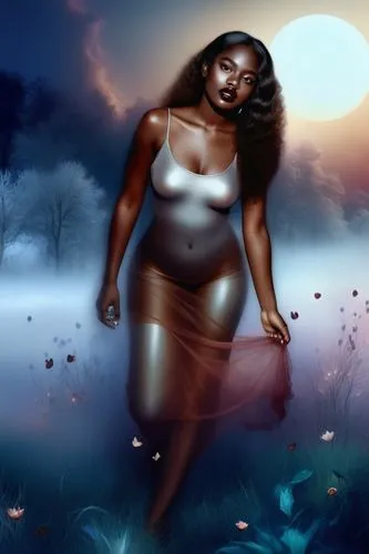 Beautiful nigerian girl, full dark curly hair, big dark almond eyes, full red lips, misty sky,a painting of a beautiful young woman with curves and a sheer ,oshun,pregnant woman icon,sharmell,toccara,