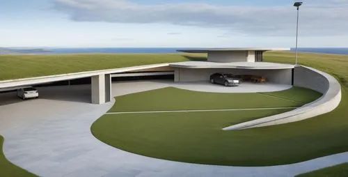 two cars parked in a driveway on a green lawn,dunes house,underground garage,siza,golf hole,golf resort,golf hotel,Photography,General,Realistic