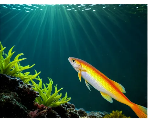 Colorful fish, various species, scales shimmering, fins flowing, aquatic plants, coral reef, water waves, sunlight filtering down, soft focus, macro shot, vibrant colors, 3/4 composition, shallow dept