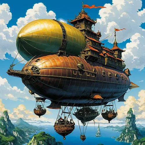 fantasy airship,a huge ship floating in the air over an ocean with floating islands,airship,airships,skyship,air ship,dirigible,heliborne,bathysphere,steamboy,dirigibles,ghibli,studio ghibli,caravel,s