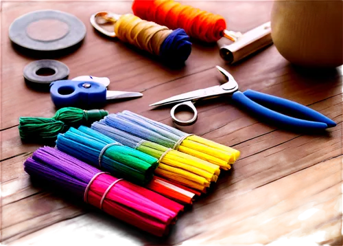 Handmade crafts, wooden table, various craft supplies, colorful threads, beads, scissors, glue gun, half-finished DIY project, morning light, shallow depth of field, warm color tone, 3/4 composition, 