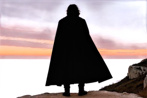 ending video, dramatic scene, solo male character, back view, black cloak, silver embroidery, worn-out boots, standing on cliff edge, sunset background, orange sky, fluffy clouds, strong wind blowing 