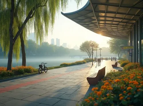 Scenic riverbank, modern bus station, curved glass roof, sleek metal pillars, wooden benches, real-time electronic displays, bus lanes, pedestrian paths, lush greenery, vibrant flowers, weeping willow