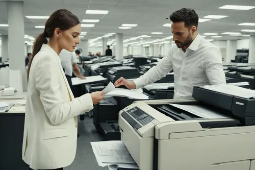 Create a humorous dialogue between a copier and a frustrated employee trying to figure out how to fix its constant paper jams.,photocopier,dot matrix printing,printer,office automation,electronic paym