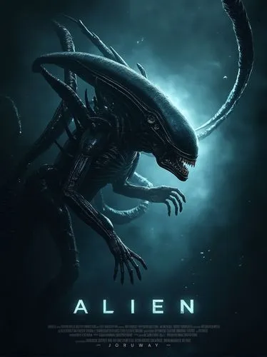 poster design about Alien movies, Poster ,Poster design, Movie promotion poster ,The text on the poster reads: "Alien" ,a large alien creature that is standing up in the dark,xenomorph,alien,xeno,acin