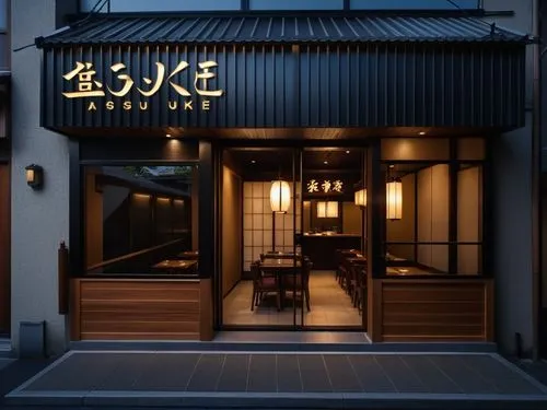 Fachada restaurante japonês com letreiro “Yasuke” iluminado. Janela e porta de vidro, com moldura preta. ambiente sofisticado, acolhedor, intimista, contemporâneo. Tons escuros, iluminação quente, ent