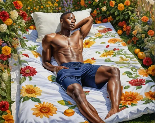 bed linen,michael jordan,bed in the cornfield,woman on bed,blanket of flowers,bedding,garden of eden,black businessman,oil on canvas,african american male,duvet cover,narcissus of the poets,flower blanket,oil painting on canvas,magnolia,narcissus,floral composition,rosebushes,gardener,flowerbed,Illustration,Paper based,Paper Based 24