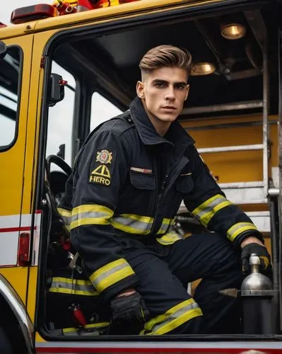 Hero Fiennes-Tiffin wearing a firefighter uniform, black with yellow stripes, driving the fire truck.,firefighter,fdny,volunteer firefighter,fire fighter,nyfd,fireman,fire and ambulance services acade