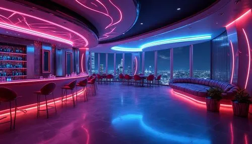 Neon-lit, futuristic nightclub, streamline modern design, metallic surfaces, LED lights, strobe effects, DJ booth, glossy dance floor, VIP lounge area, velvet ropes, champagne bottles, sleek bar count