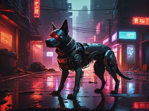 cyberpunk,doberman,laika,stray dog,posavac hound,fox in the rain,vigilant dog,gsd,dog illustration,rain cats and dogs,jackal,street dog,jagdterrier,dog street,coyote,dog,stray dogs,bolt-004,abandoned dog,police dog,Illustration,Realistic Fantasy,Realistic Fantasy 18