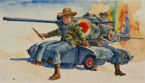 "Rex Beanland, Target Super, watercolour 5.5"" X 8""",artillery tractor,field gun,dodge m37,patrols,fahlschwanzkolibri,war veteran,french foreign legion,artillery,loyd carrier,ranger,gaz-53,war corres