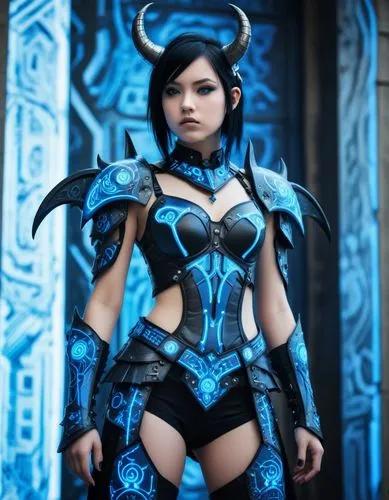 a woman wearing an elaborate outfit with horns,kitana,blue enchantress,karpas,bellona,dark elf,demona