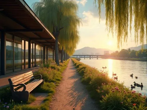 Bus station, riverside location, modern architecture, glass walls, steel beams, flat roof, urban planning, cityscape, river view, sunset time, golden light reflecting off calm water, weeping willows g