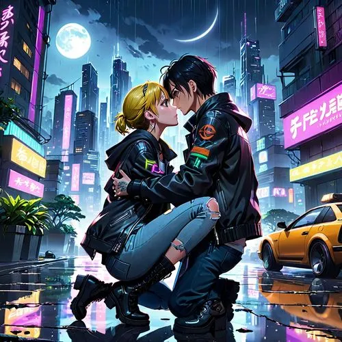 cyberpunk,romantic scene,kissing,girl kiss,first kiss,boy kisses girl,romantic night,love background,sci fiction illustration,boy and girl,cg artwork,kiss,in the rain,making out,game illustration,lost love,romantic,young couple,couple in love,pda,Anime,Anime,Realistic