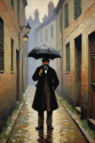 man with umbrella,italian painter,david bates,walking in the rain,brolly,post impressionism,oil painting,vincent van gough,oil painting on canvas,little girl with umbrella,vintage art,post impressionist,breton,a pedestrian,cobblestones,mary poppins,pilgrim,braque saint-germain,florentine,elderly man,Art,Artistic Painting,Artistic Painting 04