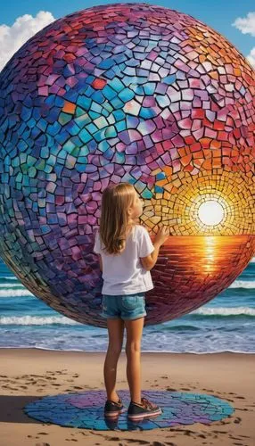 sunsrise  in the clouds mosaic colors, over the beach, jigsaw puzzle, mural in the top of the ball, little girl,beach ball,conchoidal,beachball,colorful balloons,giant soap bubble,rainbow color balloo