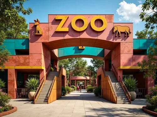 Vibrant zoo entrance, bold constructivist architecture, bright primary colors, geometric animal shapes, abstract safari patterns, rusty metal accents, distressed wood textures, playful monkey bars, wi