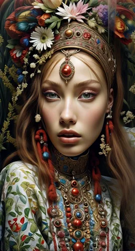 mystical portrait of a girl,radha,shamanic,girl in a wreath,shamanism,fantasy portrait,amano,the carnival of venice,indian art,headdress,indian headdress,shaman,fantasy art,russian folk style,priestess,orientalism,boho art,gypsy soul,girl in flowers,hare krishna