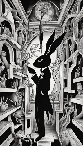 Imagine a secret speakeasy hidden beneath Jack Rabbit Slims in the 1920s.,escher,surrealism,el salvador dali,dali,psychedelic art,pinocchio,clockmaker,surrealistic,hans christian andersen,mysticism,al