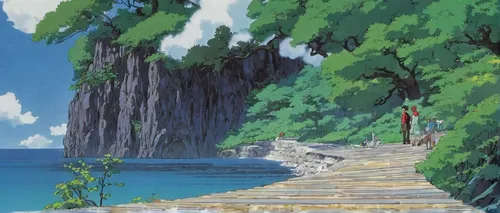 studio ghibli,background with stones,travel poster,an island far away landscape,kei islands,coastal landscape,japan landscape,shirakami-sanchi,scenery,the road to the sea,beach landscape,idyll,limestone cliff,himuto,monkey island,gordon's steps,landscape,high landscape,torii,idyllic,Illustration,Japanese style,Japanese Style 14