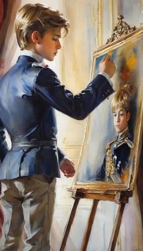 a young prince looking at a portrait of a king,an image of a little boy painting a prince,sargent,italian painter,oil painting,pintor,art painting,painting technique,Illustration,Paper based,Paper Bas