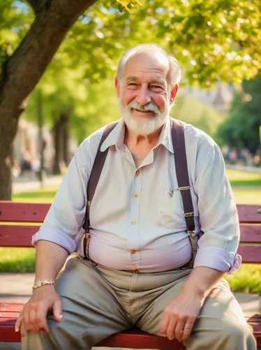 Fat, old, gay man, 60yo, balding, thick beard, mustache, bright colored shirts, suspenders, casual pants, sandals, chunky jewelry, happy smile, sitting, park bench, flowers, trees, sunny day, soft foc