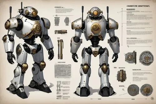 A character design sheet of an automaton with a human-like appearance, muscular figure, color: silver and black, comic art style,knight armor,heavy armour,armors,cylon,battlesuit,armour,armored animal