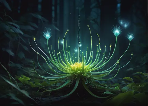 In a fantasy world, a mystical plant blooms with glowing antennae.,elven flower,forest flower,starflower,night-blooming cactus,night-blooming cereus,fireflies,forest anemone,magic star flower,star flo