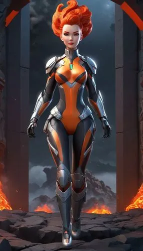 Photorealistic portrait of a woman with natural makeup, soft lighting, and a serene background.,a woman in a sci - themed suit is posing,liora,brigette,madelyne,lina,giganta,orange,Unique,3D,3D Charac