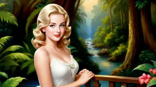 Romantic masterpiece oil painting, cute girl portrait, nostalgic 1950's style kitsch, vibrant rainforest landscape, lush tropical jungle paradise, summer beach vacation seaside cottage scenery, by Tho