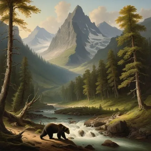 mountain scene,nature background,brown bears,landscape background,beorn,fantasy picture,Art,Classical Oil Painting,Classical Oil Painting 10