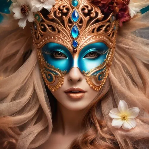 A beautiful woman's face half covered by a carnaval mask with intricate designs, aged copper, reflective, dried flowers, elegant.,venetian mask,masquerade,headdress,the carnival of venice,golden mask,