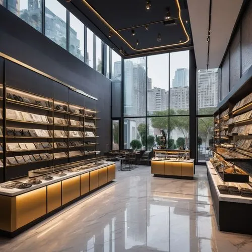 Modern boutique store, luxurious interior, high ceilings, marble floors, sleek wooden shelves, minimalist decor, LED track lights, floor-to-ceiling glass windows, urban cityscape outside, bustling str