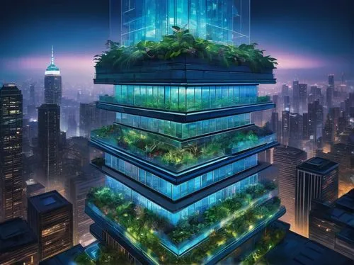 Modern multi-tier architecture, futuristic skyscraper, sleek glass exterior, metallic frame, intricate circuitry patterns, glowing blue LED lights, rooftop gardens, lush greenery, cityscape background