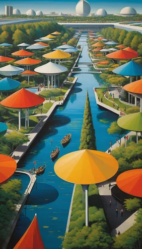 artificial islands,futuristic landscape,artificial island,mushroom landscape,resort town,floating islands,escher village,river delta,aurora village,parasols,canals,utopian,fantasy city,foster city,suburbs,floating market,pedalos,seaside resort,bayou la batre,golf resort,Art,Artistic Painting,Artistic Painting 29