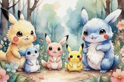 rabbit family,kawaii animals,easter background,springtime background,spring background,group photo,rabbits,easter rabbits,bunnies,children's background,starters,rabbits and hares,easter theme,pokemon,cute animals,round kawaii animals,kawaii children,lily family,grass family,family outing,Illustration,Retro,Retro 25