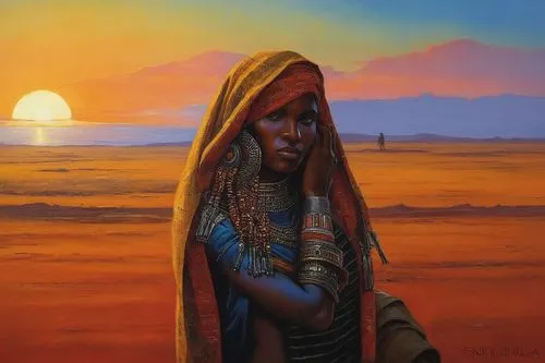 sunset in africa ,afar tribe,indigenous painting,african woman,tassili n'ajjer,african art,kemet,tuareg,aborigine,nubian,dogon,azawad,himba,wodaabe,cochise,nomadic people,navaho,maasai,tassili,shamani