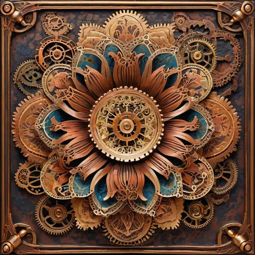 steampunk gears,carved wood,decorative frame,armoire,patterned wood decoration,decorative fan,wood carving,antique background,decorative plate,decorative art,fractals art,floral ornament,wall plate,copper frame,mandala framework,mandala,cuckoo clock,trivet,decorative element,dartboard,Illustration,Realistic Fantasy,Realistic Fantasy 13