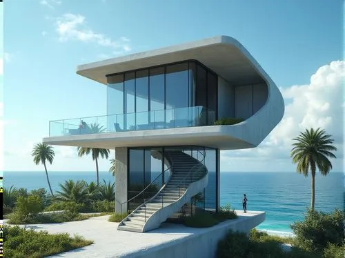 Modern coastal watching tower, futuristic architecture, sleek lines, glass and steel materials, reflective surfaces, geometric shapes, spiral staircase, panoramic ocean views, floor-to-ceiling windows