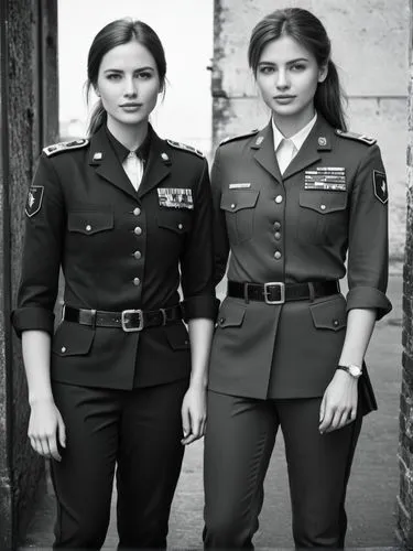 Black and white high resolution photography: The female soldiers walk side by side and appear relaxed, despite being in a military environment. They exchange warm smiles, showing their close friendshi