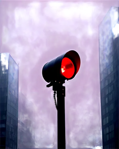 Alarm siren, loud sound, metallic material, red light flashing, emergency response, warning signal, urban setting, dark night, foggy atmosphere, misty background, close-up shot, shallow depth of field