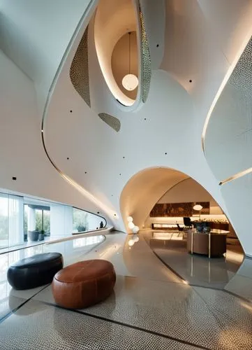 interior of a museum by Zaha Hadid, award winning design,  highly detailed,the interior of an open air lobby that has a circular ceiling and curved ceilings,spaceship interior,seidler,ufo interior,int