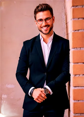 Handsome man, solo, (25-40yo), strong jawline, short hair, stylish beard, glasses, smile, white shirt, black blazer, silver watch, leaning on wall, one hand in pocket, casual pose, soft natural light,