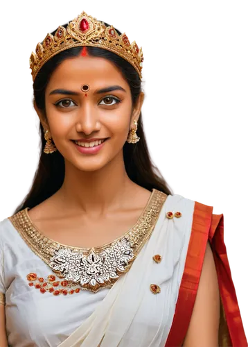 Durga Ji, Indian goddess, golden crown, red bindi, vermilion forehead mark, intricate traditional jewelry, white and orange saree, gold embroidery, bare feet, lotus flowers around, gentle smile, soft 