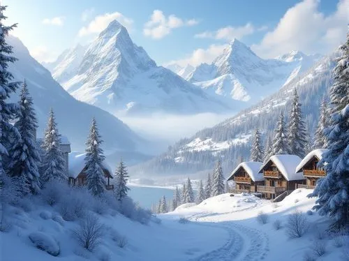 snow landscape,winter landscape,snowy landscape,mountain huts,alpine village,mountain settlement,winter village,mountain village,house in mountains,mountain hut,winter background,snowy mountains,snow house,christmas landscape,winter house,house in the mountains,snow mountains,ski resort,alpine landscape,the cabin in the mountains,Photography,General,Realistic