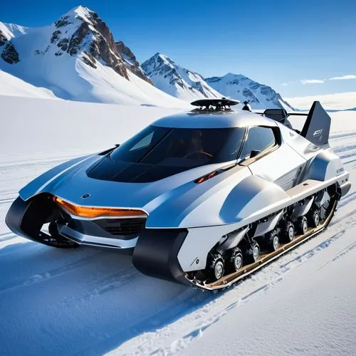 A futuristic high-performance sled, equipped with jet thrusters that propel it across snow-covered terrain. The blades are made from a self-healing metal that cuts through ice with precision. The vehi