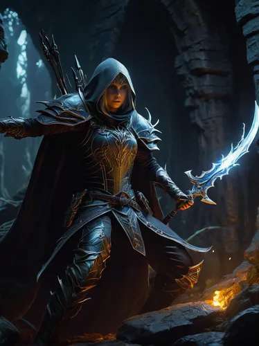 massively multiplayer online role-playing game,dodge warlock,mage,dark elf,heroic fantasy,sorceress,hooded man,cg artwork,sterntaler,summoner,vax figure,game illustration,fantasy art,prejmer,magus,wizard,cloak,grimm reaper,kadala,undead warlock,Art,Classical Oil Painting,Classical Oil Painting 09