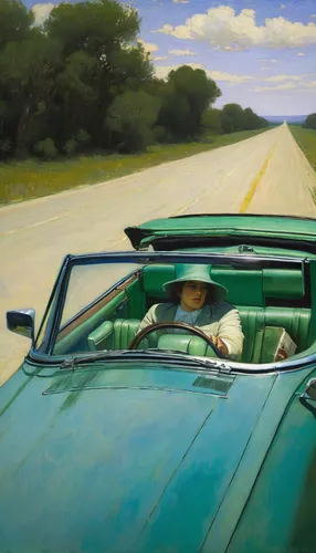 woman in the car,open road,convertible,highway,motoring,topdown,long road,john day,windshield,alligator alley,hitchhiker,bill woodruff,aronde,roadtrip,steve medlin,road 66,jack roosevelt robinson,edsel,vanishing point,road trip,Art,Classical Oil Painting,Classical Oil Painting 44